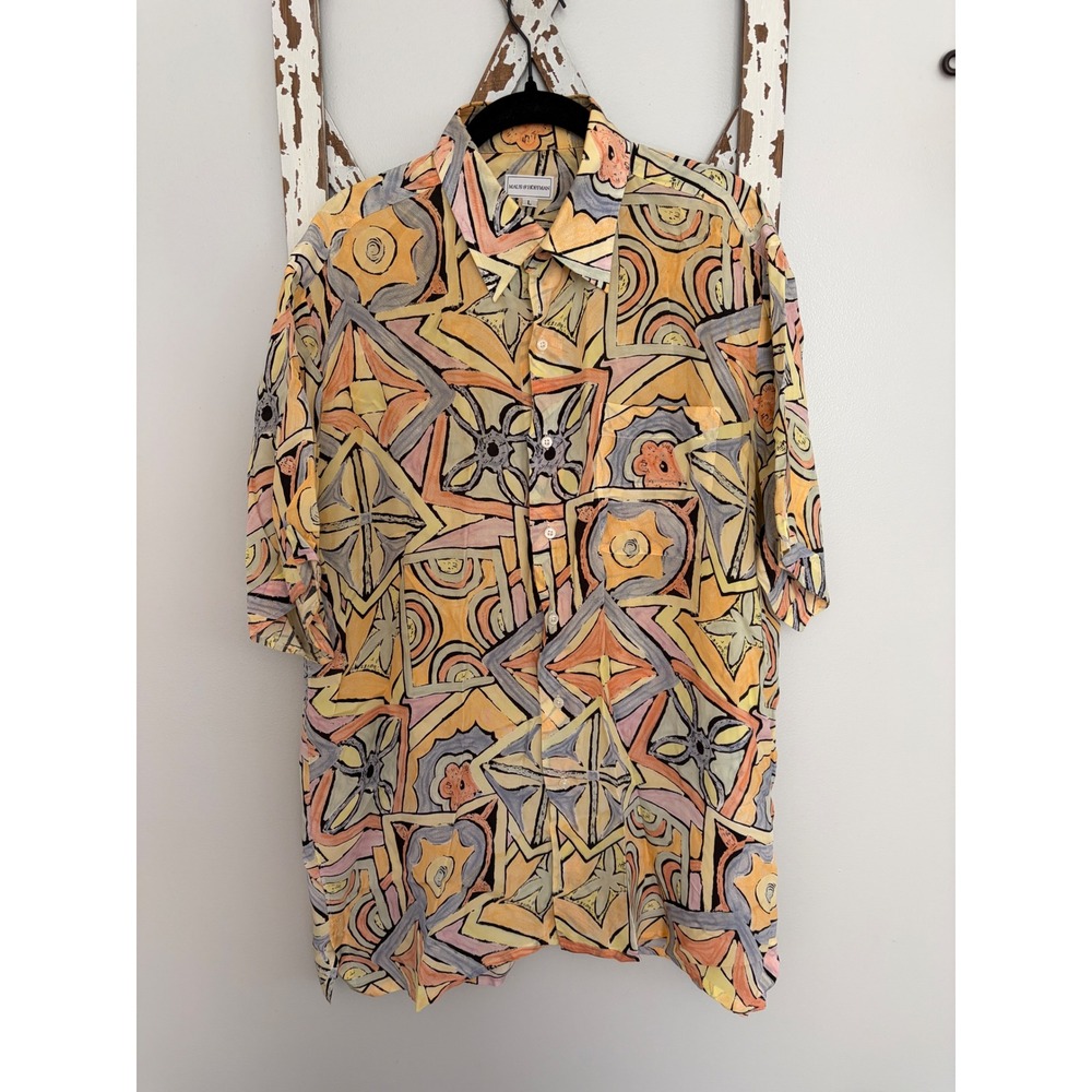 Vtg Maus &‎ Hoffman Mens Shirt Large Short Sleeve Button Front Multicolor Print